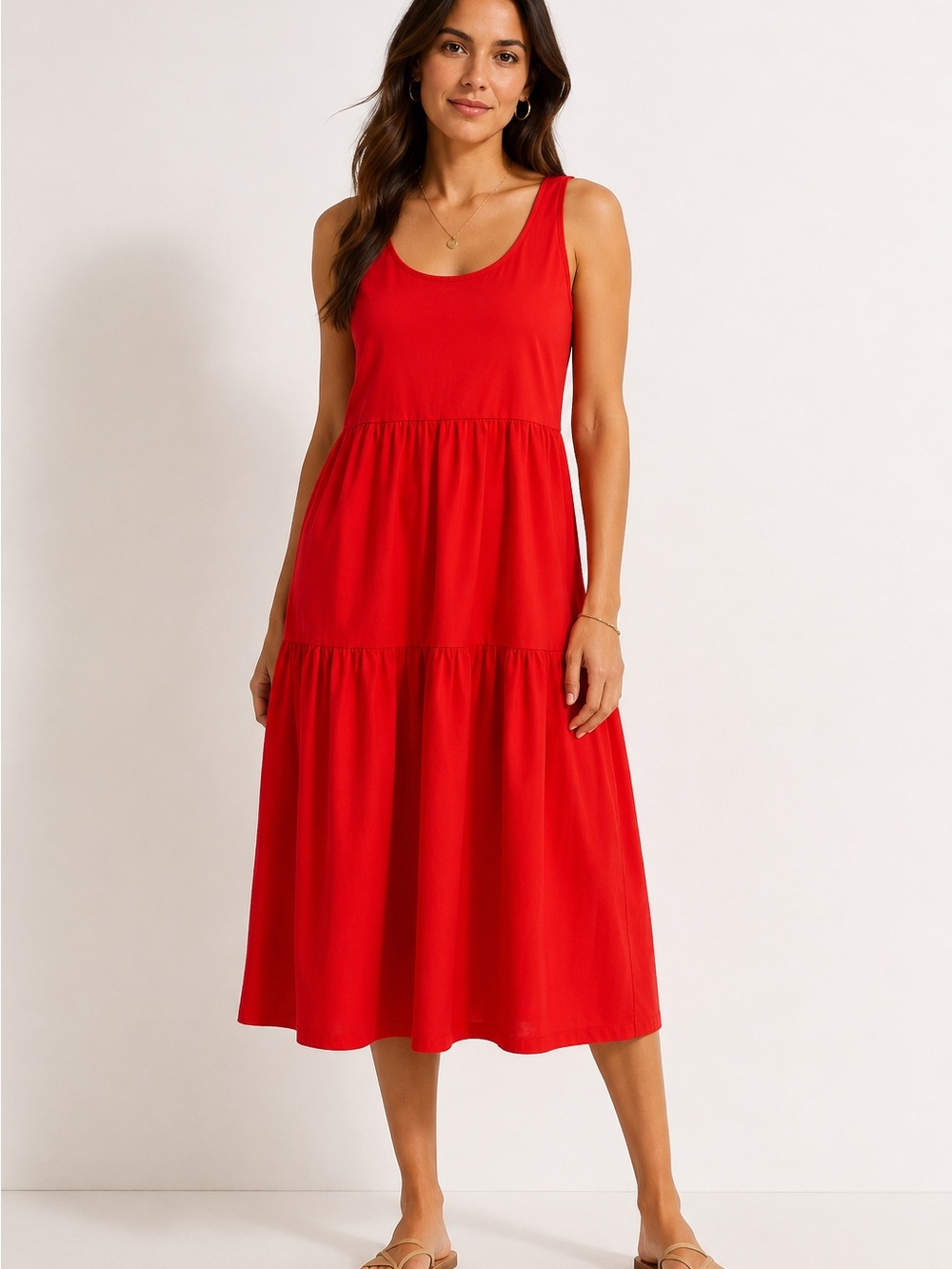 J.Crew Deep Coral Jersey Poplin Tiered Midi Dress Size L Sleeveless